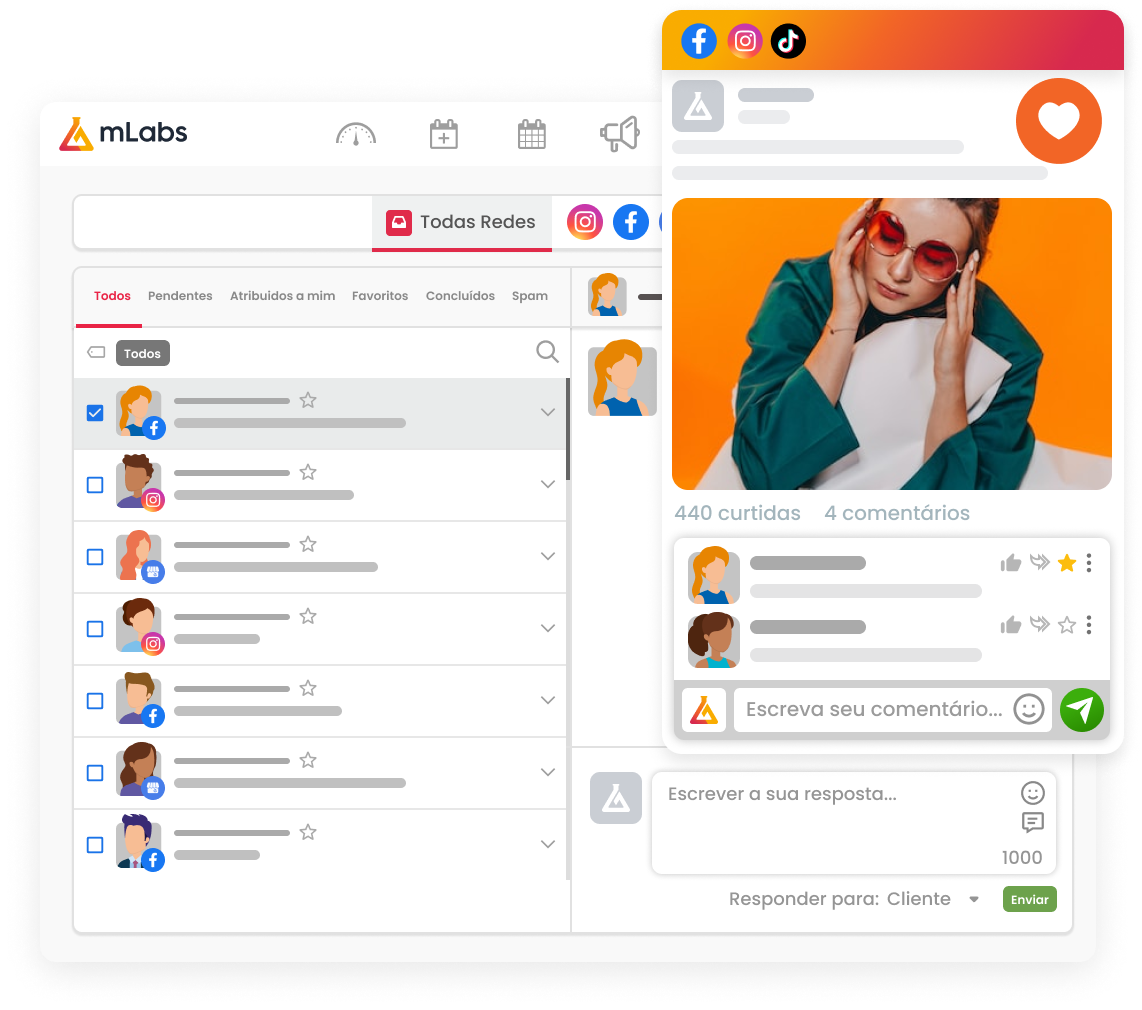 Imagem mostra a tela do inbox da mLabs, onde é possível gerenciar conversas do inbox do facebook, direct do instagram e mensagens do TikTok