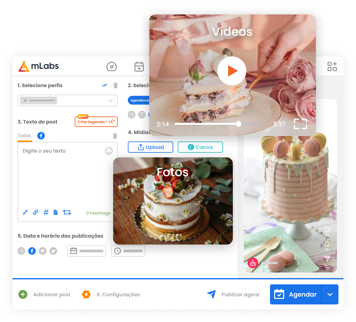 Imagem mostra tela de agendamento da mLabs, com três formatos sendo agendado para Facebook