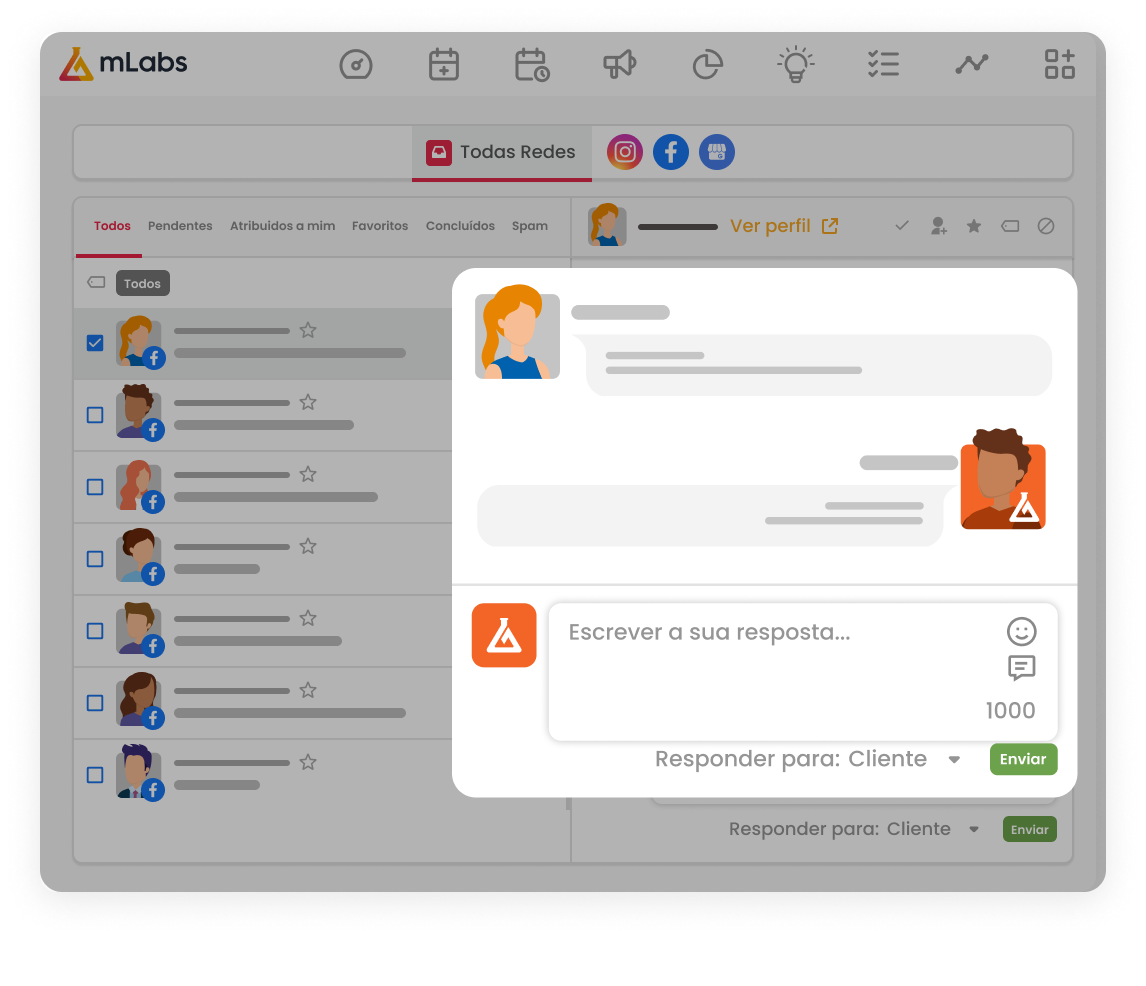 Imagem mostrar a tela de inbox da mlabs com destaque para a caixa de conversa aberta