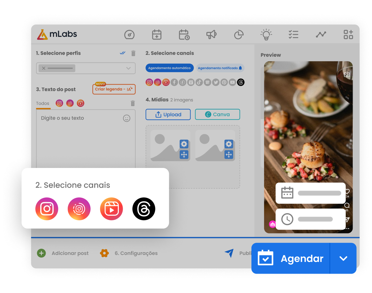 Imagem mostra tela de agendamento de posts da mLabs e destaca ícones de Instagram Feed, Reels, Stories e Threads.