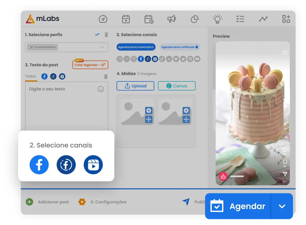 Imagem mostra tela de agendamento de posts da mLabs com a prévia ade um post sendo agendado para o Facebook