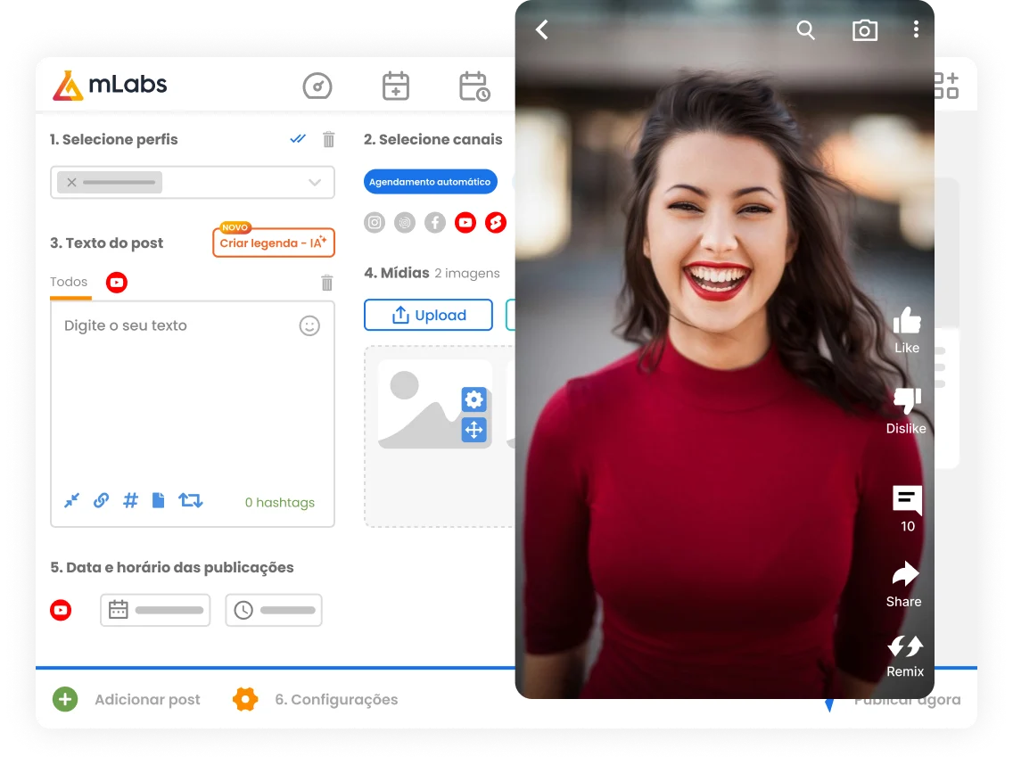 Imagem mostra vídeo sendo agendado para o YouTube Shorts pela mLabs.