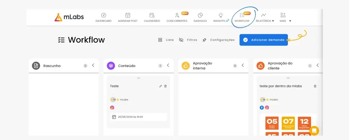 mlabs-gestao-de-redes-sociais-9: tela workflow mLabs
