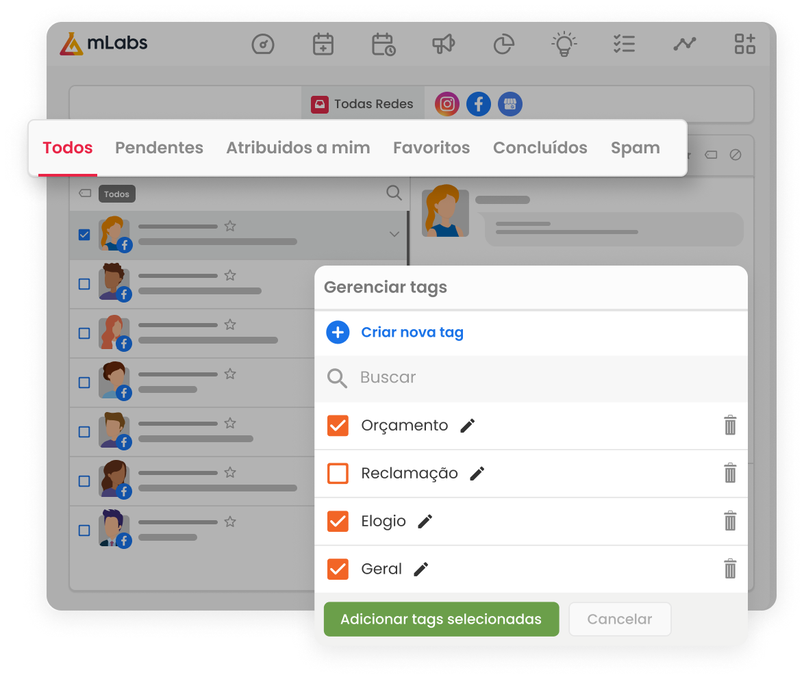 Imagem mostrar a tela de inbox da mlabs com destaque para a caixa de conversa aberta