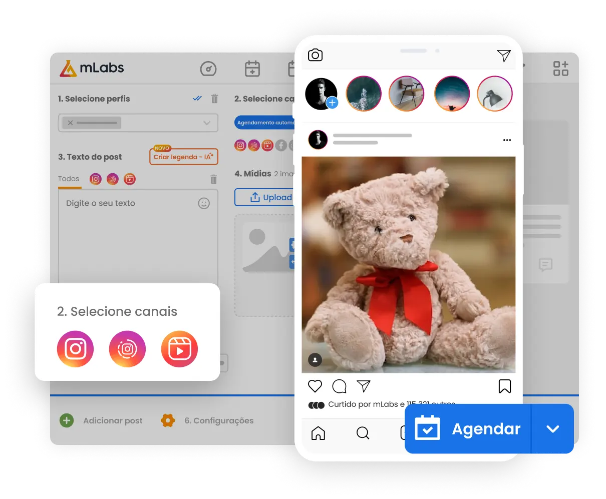 Imagem mostra tela de agendamento de posts da mLabs com um post no feed e destaques para botão agendar post e formatos do Instagram.