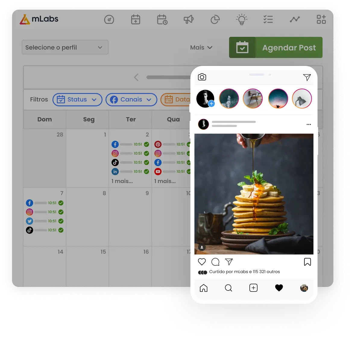 imagem mostra tela de calendário da mlabs com destaque para visualização de um post agendado do instagram