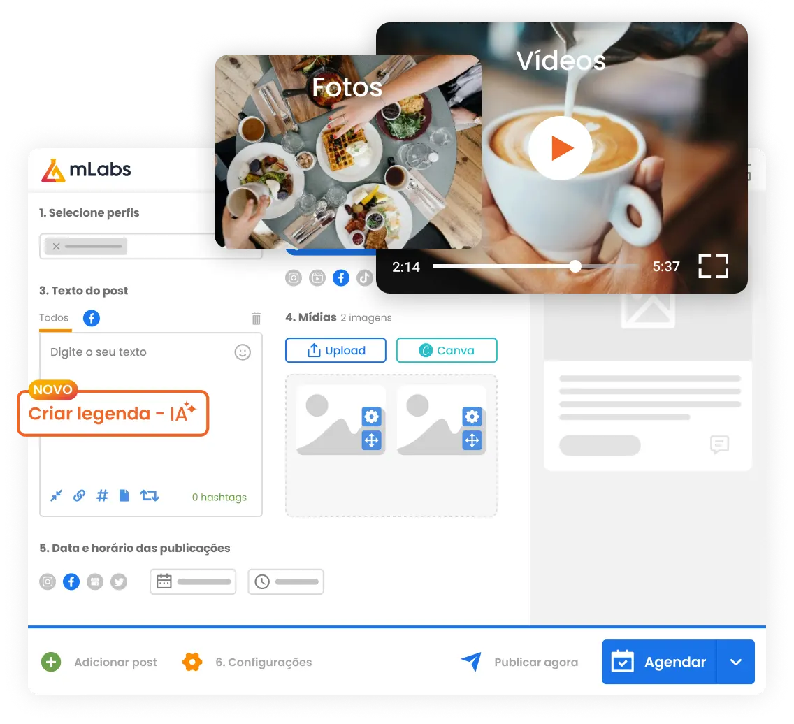 Imagem mostra tela de agendamento da mLabs com destaque para um post  de Facebook com foto e um post com vídeo.