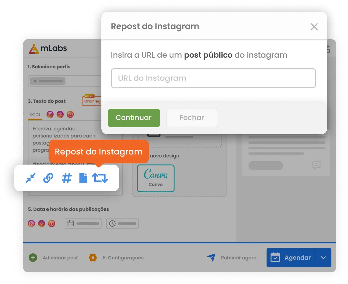 Imagem mostra tela de agendamento de posts da mLabs com destaque para o botão Repost do Instagram e caixa para inclusão da URL do post que será republicado. 