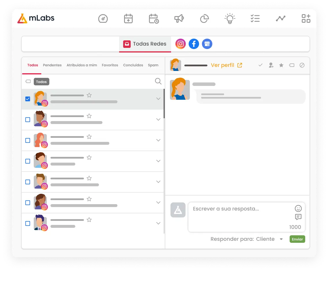 Imagem mostra a tela do inbox da mLabs, onde é possível responder mensagens também do Direct do Instagram.