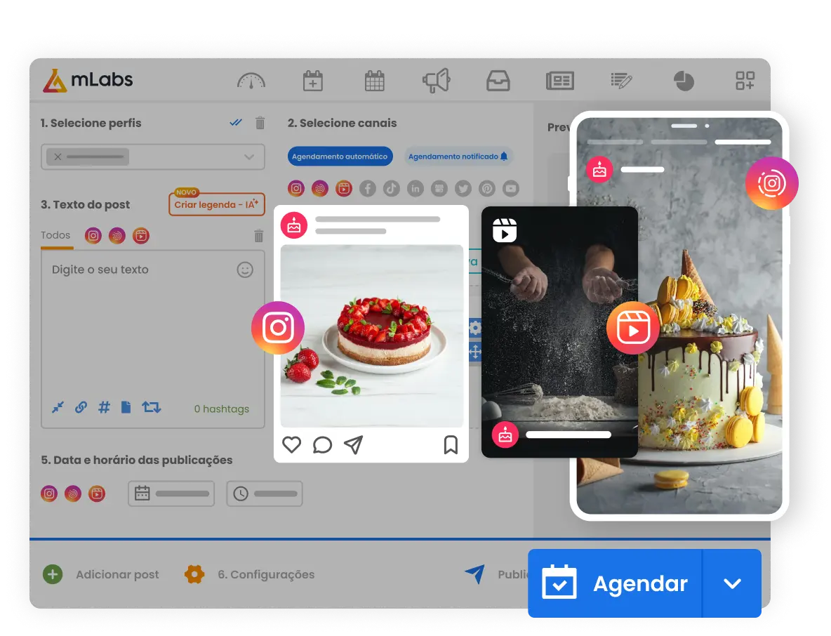 Imagem mostra tela de agendamento de posts da mLabs com um reels, stories e post do feed do Instagram em destaque.