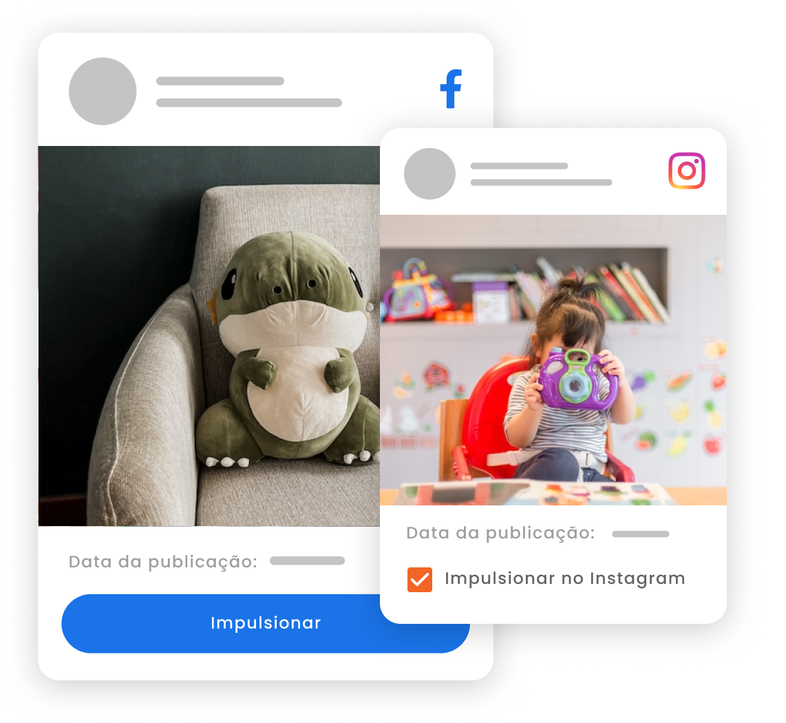 Imagem mostra dois posts, um no Instagram e outro no Facebook, com destaque para o botão Impulsionar.