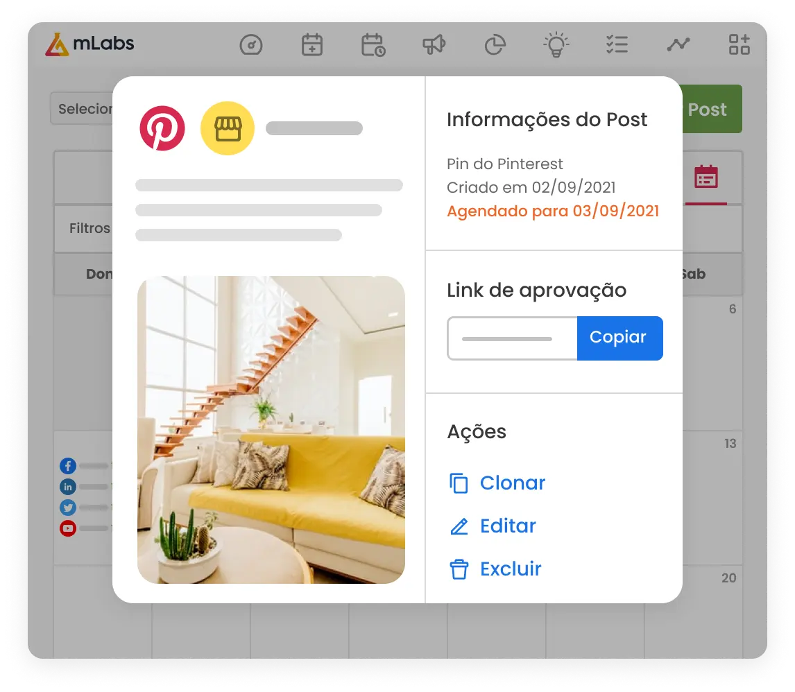 Imagem mostra tela do calendário da mLabs com modal com informações do post e suas ações: clonar, editar e excluir.