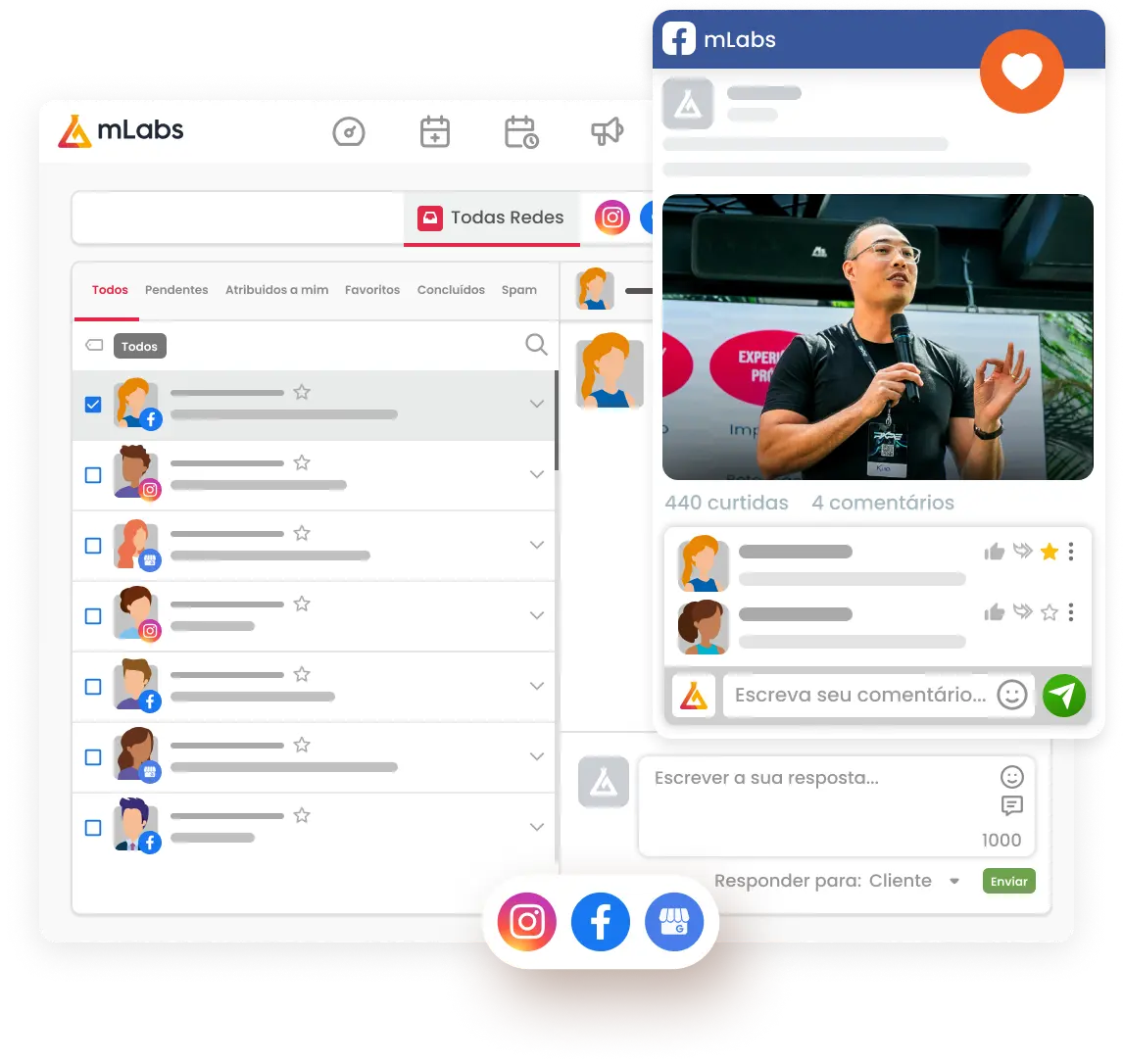 Imagem mostra a tela do Inbox da mLabs, a funcionalidade que permite responder mensagens privadas do Instagram, Facebook e avaliações do Google na mesma tela. Sob a imagem, um post em destaque com foto do Rafael Kiso