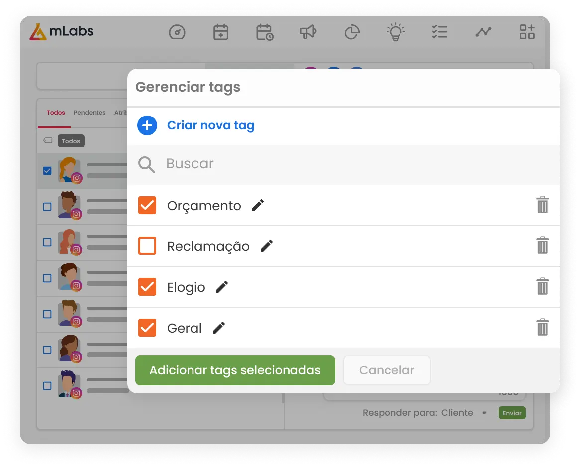 Imagem mostra a tela do Inbox da mLabs como a caixa de gerenciamento de tags aberta. Na lista, tags de orçamento, reclamação, elogio e geral.