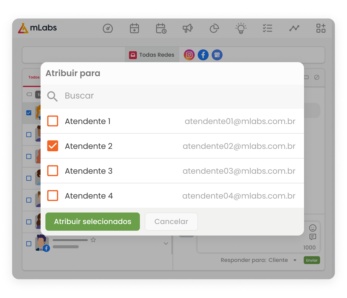 Imagem mostra a tela do Inbox com a modal para atribuir uma conversa para outro atendente.