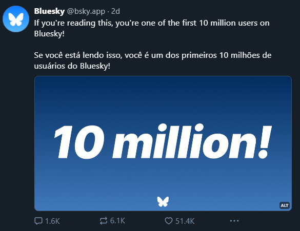 Post no perfil oficial da Bluesky que diz: Se você está lendo isso, você é um dos primeiros 10 milhões de usuários do Bluesky.