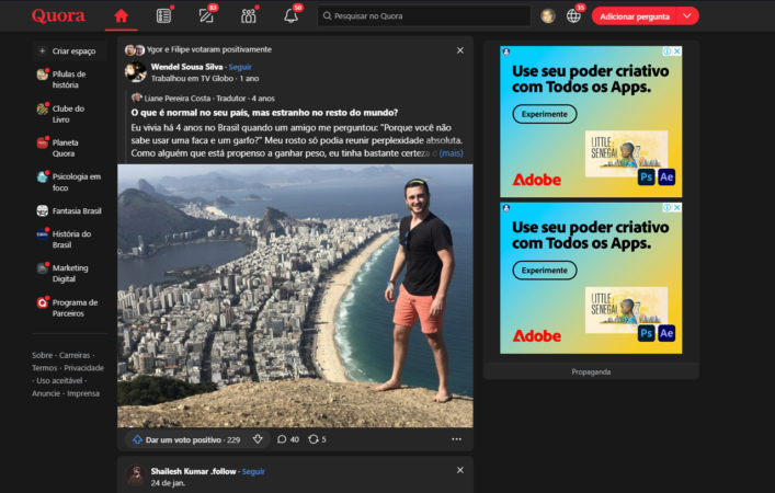 Print screen de utilização da plataforma Quora. A imagem mostra o feed de usuário.