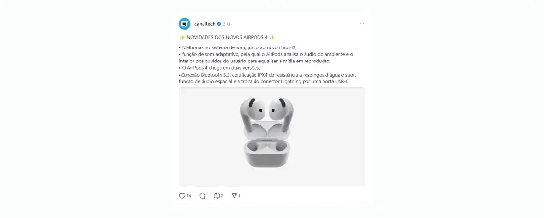 gerenciamento-de-redes-sociais-8: publicação no Threads do CanalTech falando sobre novidades dos novos airpods 4