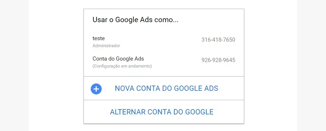 Keyword Planner 1: login para o Google Ads com opções de escolher uma conta já feita, criar uma nova conta do Google Ads ou alterar a conta do Google.