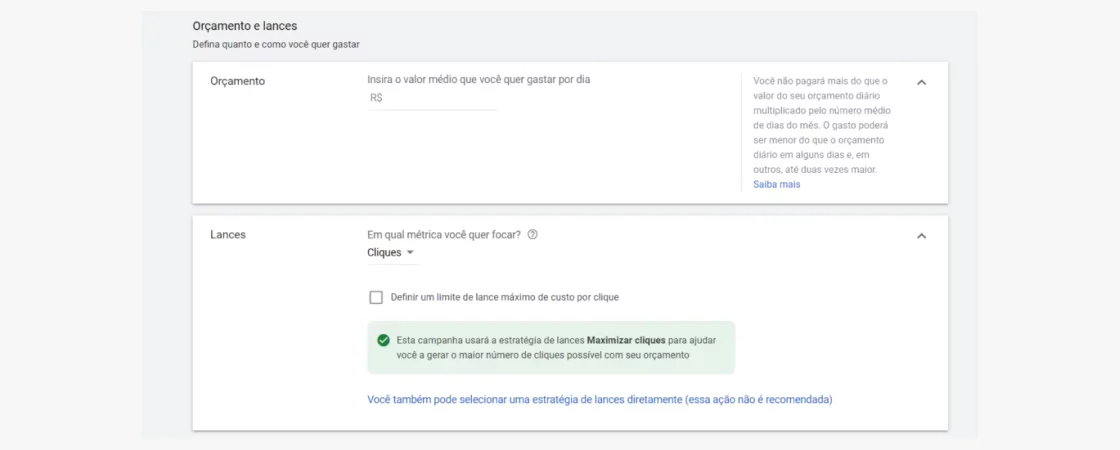 Keyword Planner 3: opção de escolher os lances e o orçamento que poderá ser dado no Google Ads para cada uma das palavras.