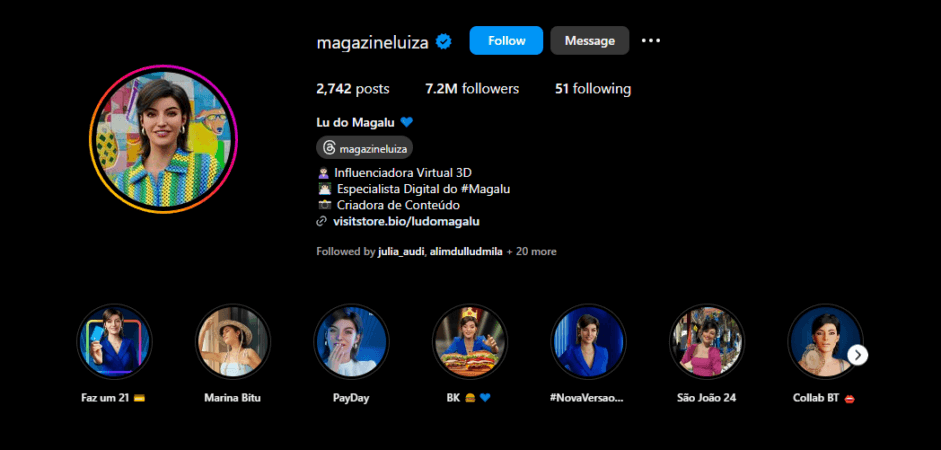 Perfil da Lu do Magalu no Instagram