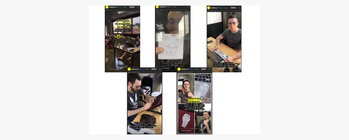 Instagram-Stories-15: Na imagem temos a sequência de cinco stories compartilhado pela empresa Dobra. Nessas imagens está contada a história de dois colegas de trabalho que desenharam um ao outro. Cada um recortou esse desenho do papel e colou no computador do trabalho como uma maneira de homenagem entre eles.