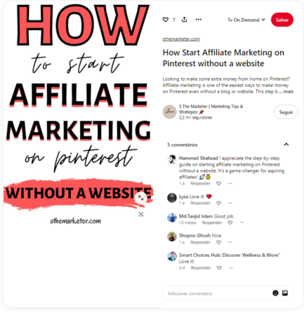 Pin de artigo ensinando a fazer marketing de afiliados no Pinterest sem um website