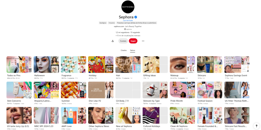 Perfil da marca Sephora no Pinterest