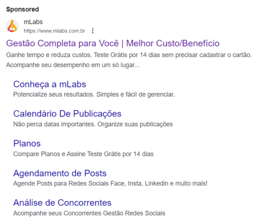 Link patrocinado no Google para a palavra-chave “mlabs”