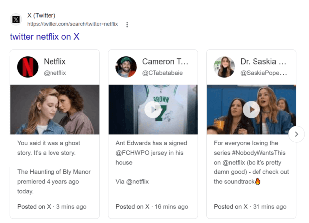 Resultado do Google em que aparecem postagens da Netflix no X