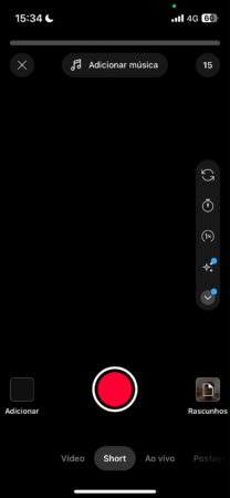 Tela de criação de YouTube Shorts.