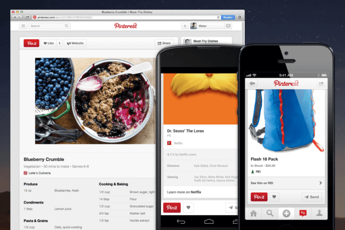 Interface do Pinterest em diferentes telas: desktop, tablet e smartphone.