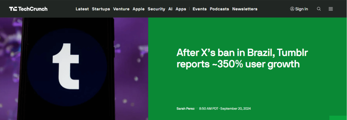 TechCrunch anuncia que o Tumblr teve 350% de crescimento após o ban do X no Brasil.