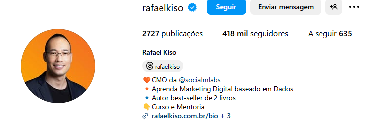 Perfil de Rafael Kiso, otimizado nas redes sociais.