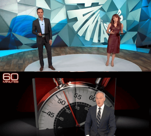 Programas Fantástico (Brasil) e 60 Minutes (Estados Unidos), exemplos de infotenimento.