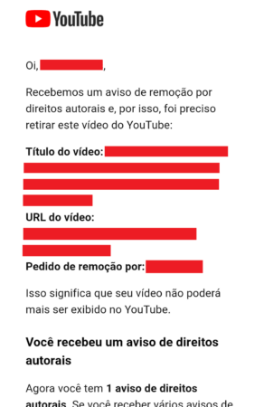 Aviso de remoção por direitos autorais do YouTube.