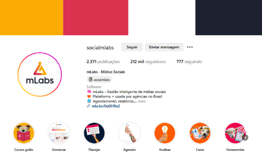 Alinhamento das cores de capas para destaque no Instagram da mLabs.