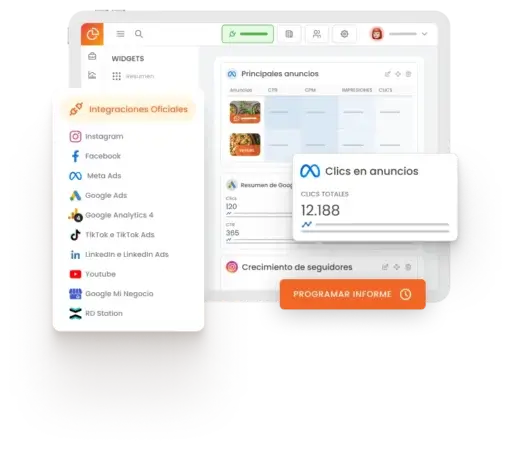 Gestion-de-redes-sociales-informes-y-paneles La imagen muestra la pantalla de mLabs DashGoo con un informe de múltiples canales en proceso de creación, destacando el botón "Programar Informe"