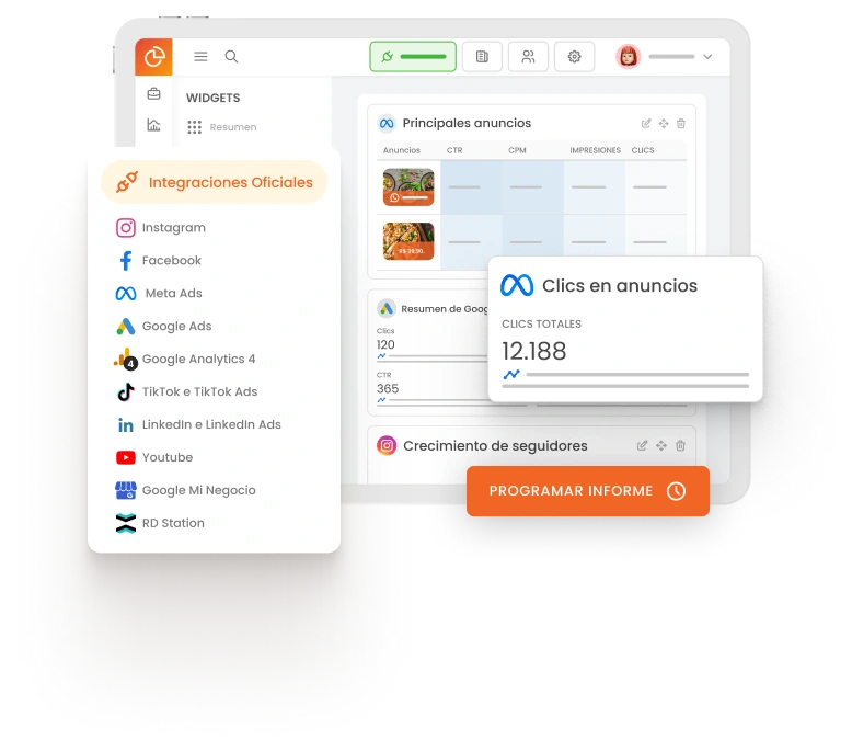 Gestion-de-redes-sociales-informes-y-paneles La imagen muestra la pantalla de mLabs DashGoo con un informe de múltiples canales en proceso de creación, destacando el botón "Programar Informe"