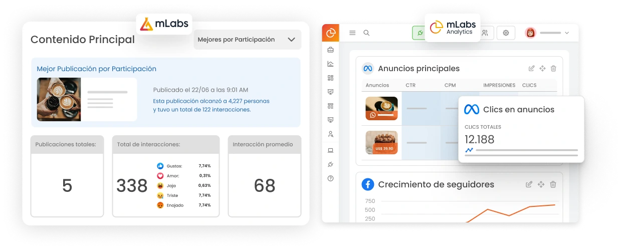 Informes-de-Facebook-mLabs La imagen muestra gráficos de los informes de Facebook y Facebook Ads de mLabs y mLabs Analytics.