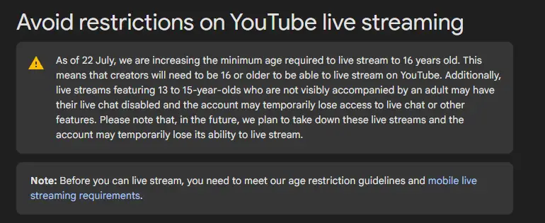 Aviso do YouTube informando que apenas quem tiver 16 anos ou mais poderá iniciar uma live.