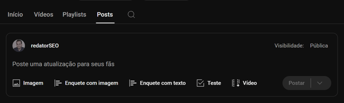 Nova aba ”posts” do YouTube.