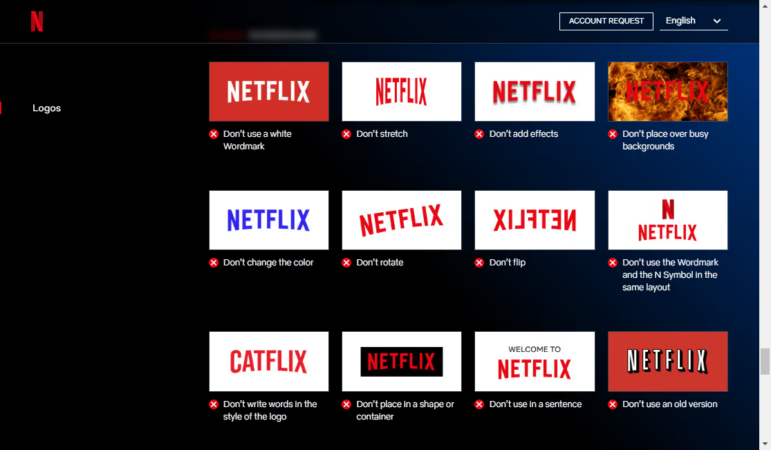 O que não fazer com o logo, parte do brandbook da Netflix.