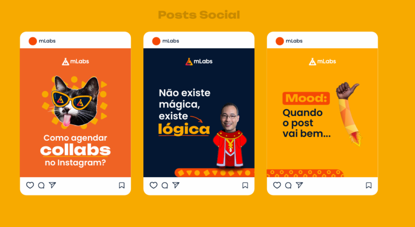 Aplicação da identidade da mLabs em posts sociais.