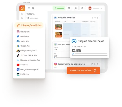 Imagem mostra tela da mLabs Analytics com um relatório de múltiplos canais sendo criado. Destaque para o botão Agendar Relatório.