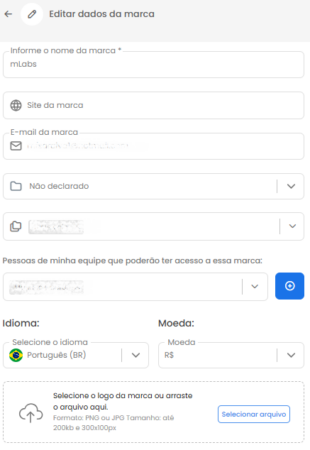 Edição de dados da marca da mLabs Analytics.