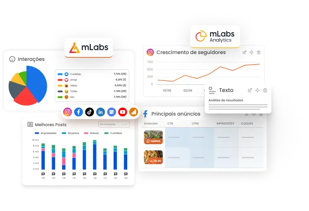 Imagem mostra dois relatórios de marketing e mídias sociais gerados pela mLabs e pela mLabs Analytics
