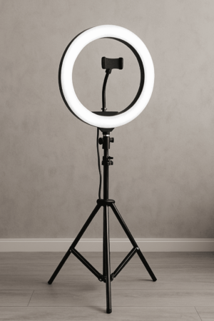 Ring light com tripé.