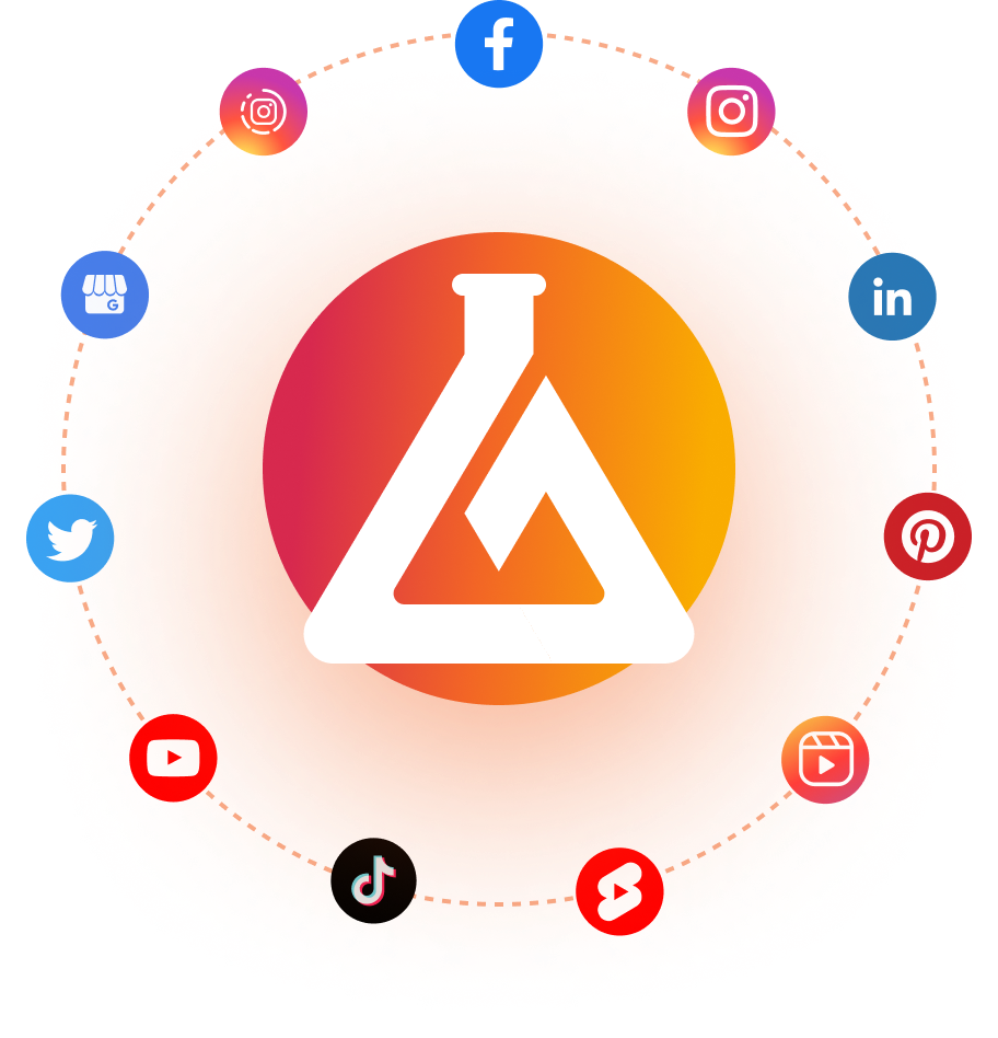 cases-mlabs-home Imagem com logotipo da mlabs e ícones de redes sociais em volta ilustrando o ecossistema de cases de sucesso da mLabs.