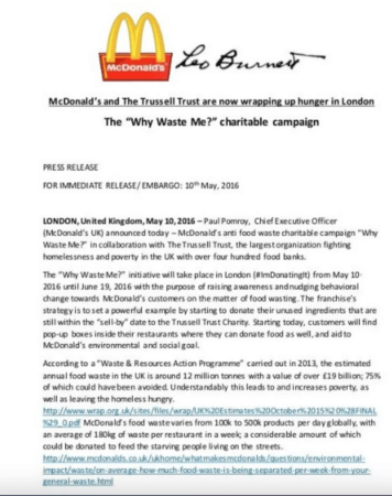 Press release do McDonald’s, em 2016.